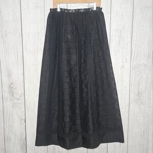 VTG 70s CAREFREE FASHIONS Black Lace Paneled Maxi Skirt w Elastic Waist